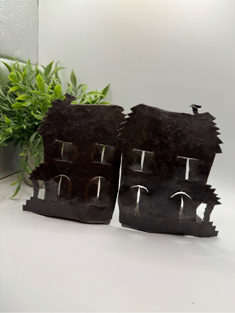 Vintage brutalist style artisan metal house candle holders, pair, EUC.